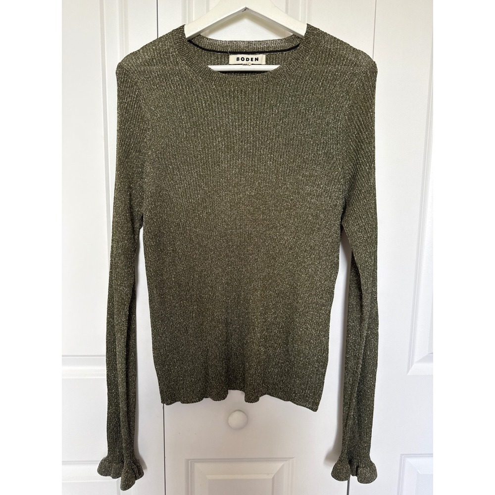 Boden Olive Green Metallic Thread Sweater Sz XL Ruffle Sleeves Semi Sheer Luxury